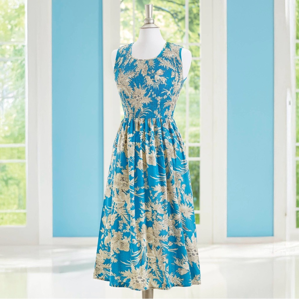 Sky Blue Smocked Dress, Floral‎ Toile, Cotton, Full Skirt, Sleeveless